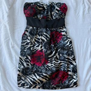 Y2k Strapless Homecoming Mini Dress Black Red Zebra Floral Print - S